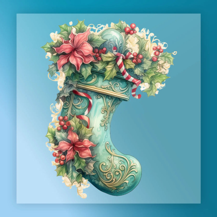 The InkMerge Vintage Christmas Stocking Design features teal with gold patterns, red poinsettias, holly leaves, berries, and a striped candy cane—ideal for DTF transfer or holiday heat press projects on a blue gradient.