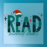 The READ Banned Books Retro design by InkMerge showcases bold "READ" letters—R topped with a Santa hat—and "banned books" in cursive below, set against a dotted blue background. Ideal for festive custom apparel using DTF transfers.
