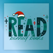 The READ Banned Books Retro design by InkMerge showcases bold "READ" letters—R topped with a Santa hat—and "banned books" in cursive below, set against a dotted blue background. Ideal for festive custom apparel using DTF transfers.