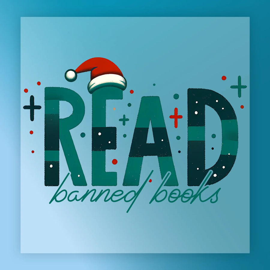 The READ Banned Books Retro design by InkMerge showcases bold "READ" letters—R topped with a Santa hat—and "banned books" in cursive below, set against a dotted blue background. Ideal for festive custom apparel using DTF transfers.