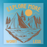 The "It's Fall Y'all Pumpkin Design" by InkMerge features mountains, trees, a sun, and the text EXPLORE MORE and WORRY LESS on a blue background—perfect for Halloween shirts or fall pumpkin designs. Great for DTF transfers!.
