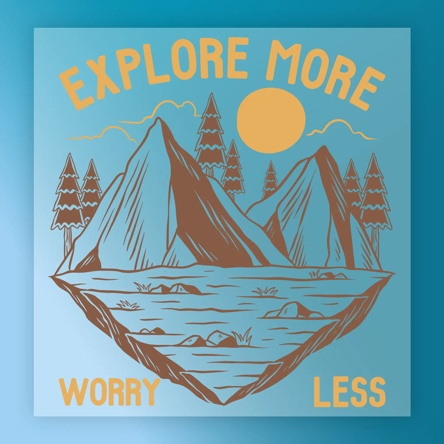 The "It's Fall Y'all Pumpkin Design" by InkMerge features mountains, trees, a sun, and the text EXPLORE MORE and WORRY LESS on a blue background—perfect for Halloween shirts or fall pumpkin designs. Great for DTF transfers!.