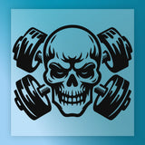 A stylized skull with a fierce expression, surrounded by black dumbbells, representing a fitness or strength theme.
