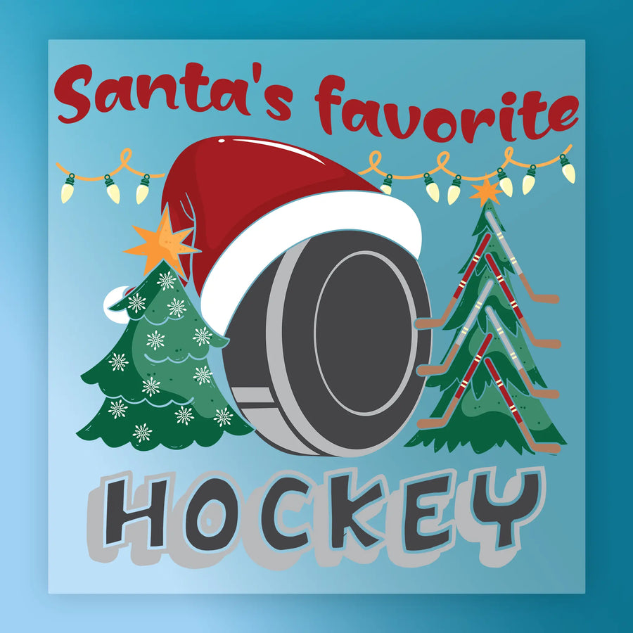 Santa's Favorite Hockey Design by InkMerge features a hockey puck in a Santa hat, festive trees, and string lights with "Santas favorite hockey" text on blue—perfect for custom apparel via heat press or DTF transfers.