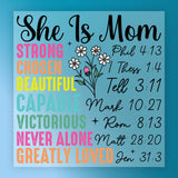 The image is a colorful poster with text and illustrations, including Bible verses and descriptions of the mother's qualities.