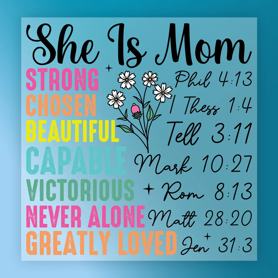 The image is a colorful poster with text and illustrations, including Bible verses and descriptions of the mother's qualities.