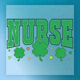 the word "NURSE" in large green letters, with four shamrocks and hearts surrounding the text.