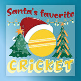 InkMerge’s Santa's Favorite Cricket Holiday Design features a yellow cricket ball in a Santa hat, festive trees, and lights. Playful “Santa’s Favorite CRICKET” text makes it perfect for DTF transfers or heat press projects.