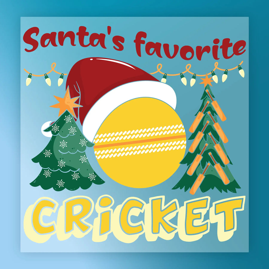 InkMerge’s Santa's Favorite Cricket Holiday Design features a yellow cricket ball in a Santa hat, festive trees, and lights. Playful “Santa’s Favorite CRICKET” text makes it perfect for DTF transfers or heat press projects.