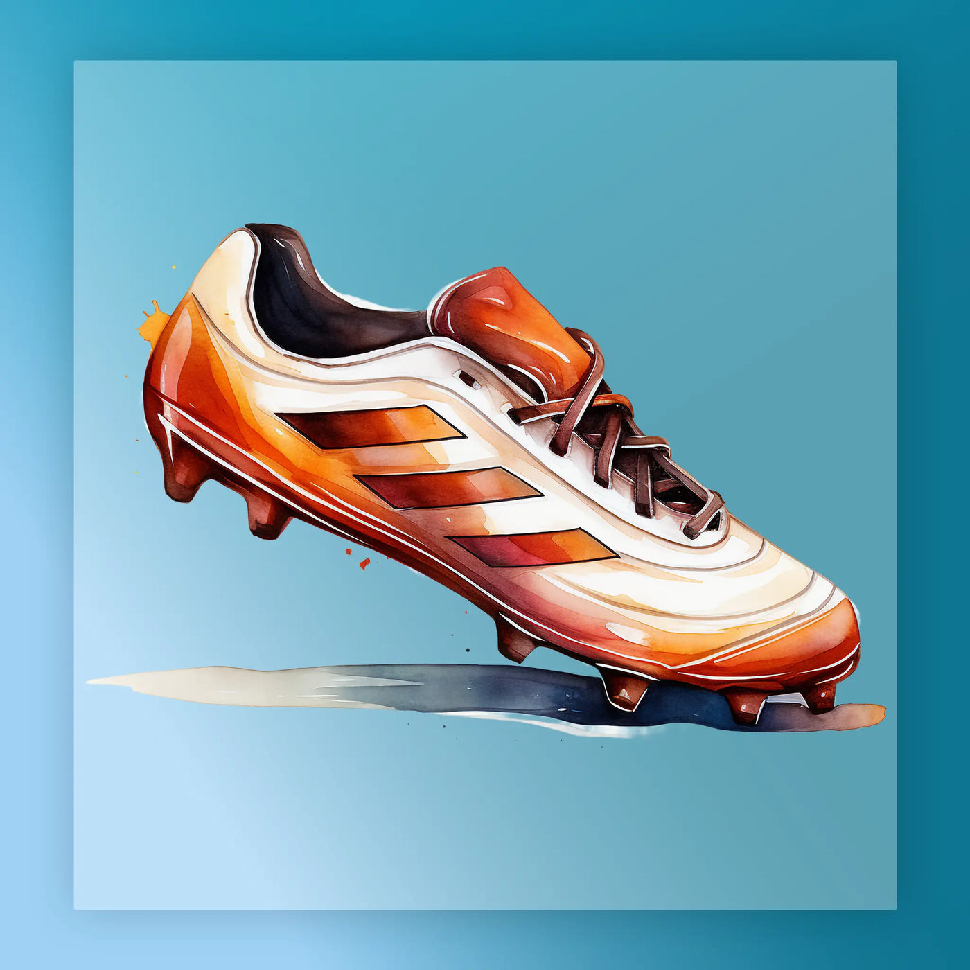 A colorful and stylized illustration of a soccer cleat against a blue background.