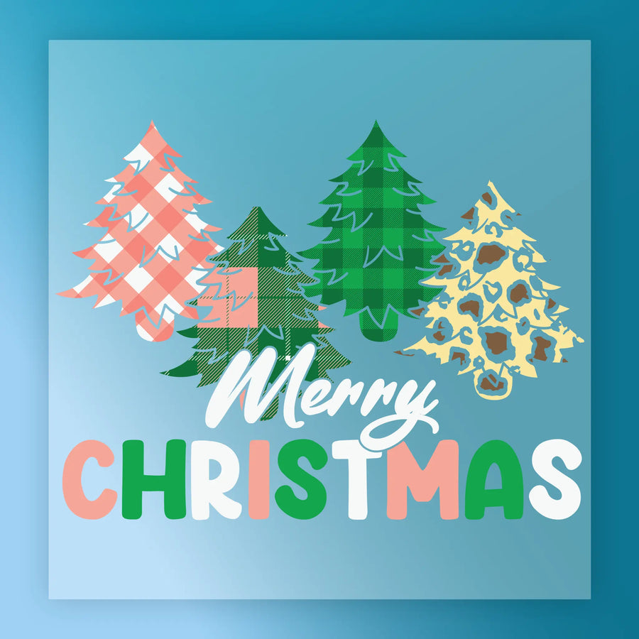 InkMerge’s Merry Christmas Plaid Leopard Trees features four stylized trees, including a plaid leopard print, above playful “Merry Christmas” text on blue—ideal for a unique, festive heat press transfer.
