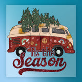 The Retro Van Christmas Tree Design by InkMerge features a red vintage van with Christmas trees on top, festive holiday decor, snowflakes, and "Tis the Season" script—ideal for your DTF transfer projects.