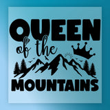 a stylized mountain landscape with a crown, birds, and trees. The text "QUEEN of the MOUNTAINS" is prominently displayed in the center of the image.