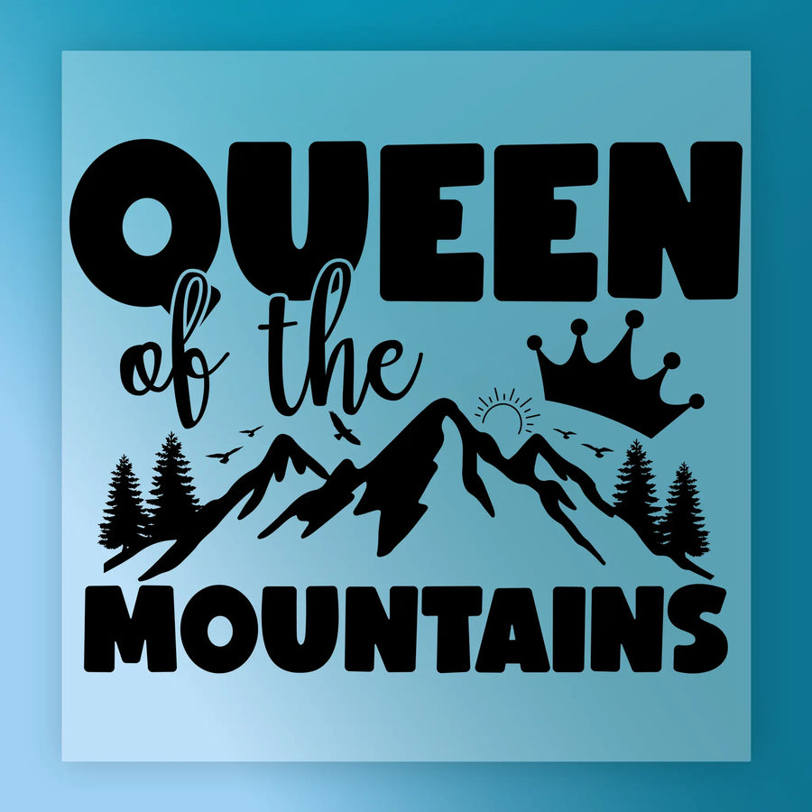 a stylized mountain landscape with a crown, birds, and trees. The text "QUEEN of the MOUNTAINS" is prominently displayed in the center of the image.