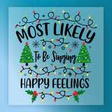 InkMerge's "To Be Singing Happy Christmas Feeling Design" features festive text, colorful lights, decorated trees, snowflakes, and holly on a light blue background—ideal for custom apparel and Christmas heat press projects.
