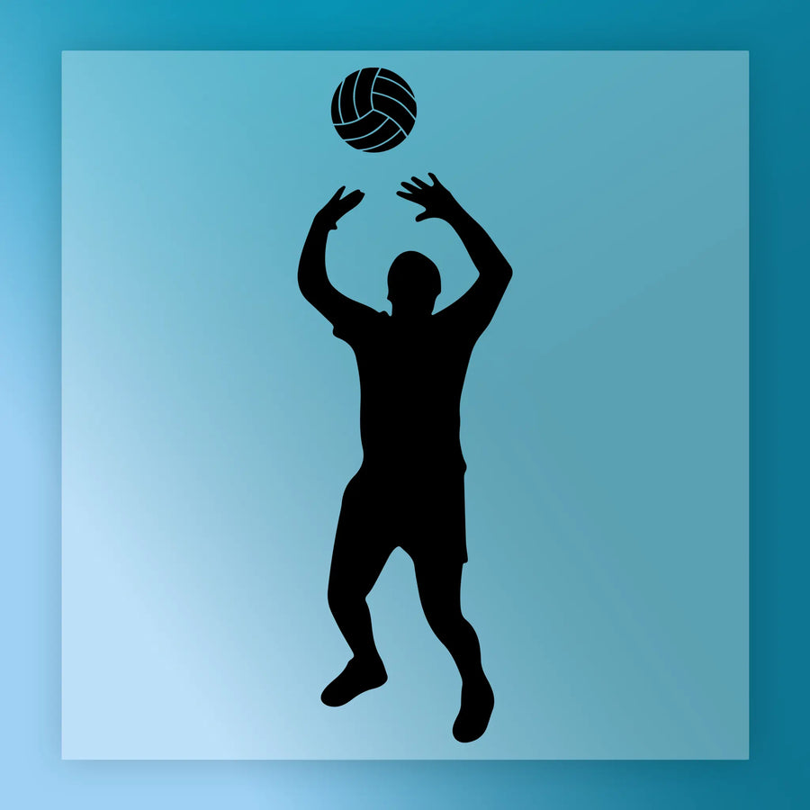 A silhouette of a person playing volleyball, with their arms raised to catch the ball.