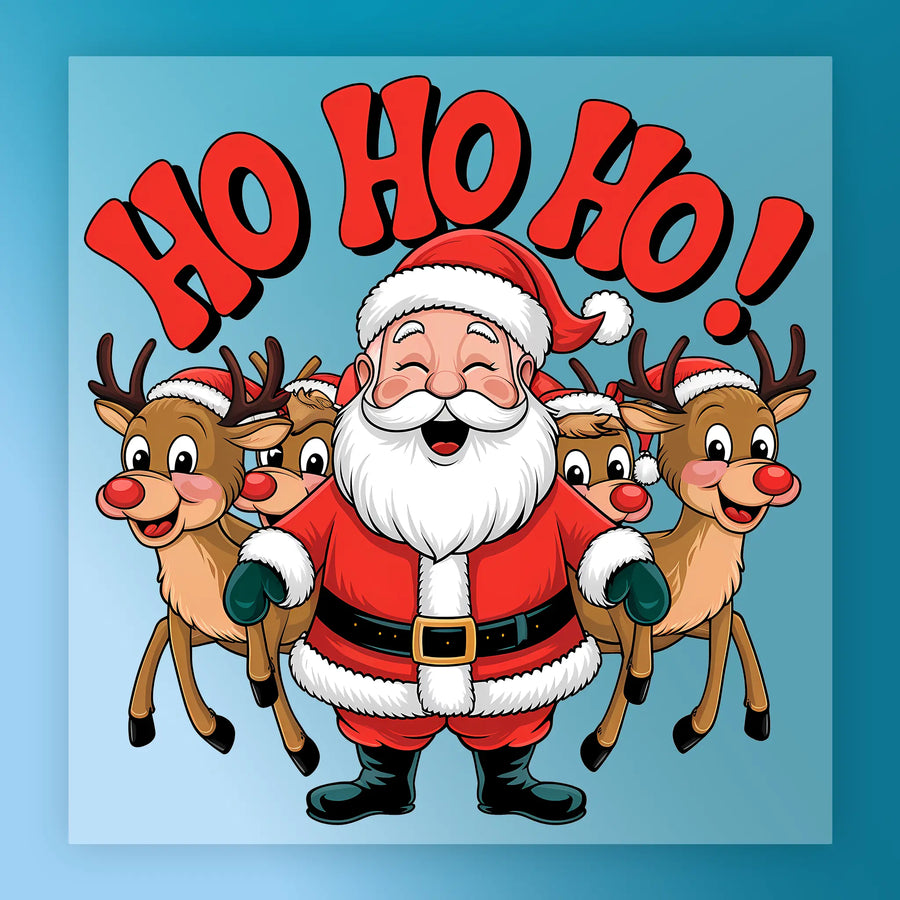 The Ho Ho Ho Santa and Reindeer by InkMerge features a cheerful Santa with four reindeer standing before bold red "HO HO HO!" text on a blue background—ideal for Christmas garment or holiday heat press transfers.