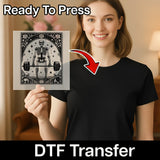 A woman holding a framed image of a skeleton with a red arrow pointing to it, and the text "Ready To Press" above the image.