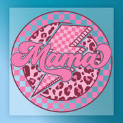 a stylized design with a checkered pattern and the word "Mama" written in a cursive font.