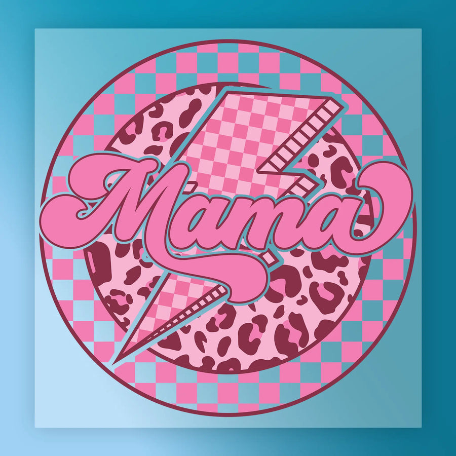 a stylized design with a checkered pattern and the word "Mama" written in a cursive font.