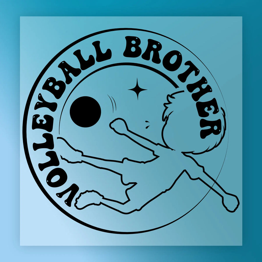 A graphic design featuring a silhouette of a person playing volleyball, with the text "Volleyball Brother" around the image.