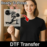 A woman holding a piece of paper with a graphic of a woman lifting weights, and there is a red arrow pointing to the paper.