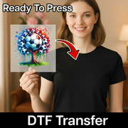 A woman holding a piece of paper with a soccer ball tree design on it, and there is a red arrow pointing to her chest.