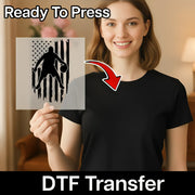 A woman holding a clear plastic sheet with an American flag design on it, and there is a red arrow pointing to the flag.