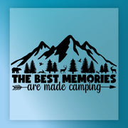 The Best Memories Camping Adventure by InkMerge features mountain, tree, and wildlife silhouettes with the phrase "The best memories are made camping adventure" on blue. Includes a right-pointing arrow. Great for heat press or DTF transfer applications.
