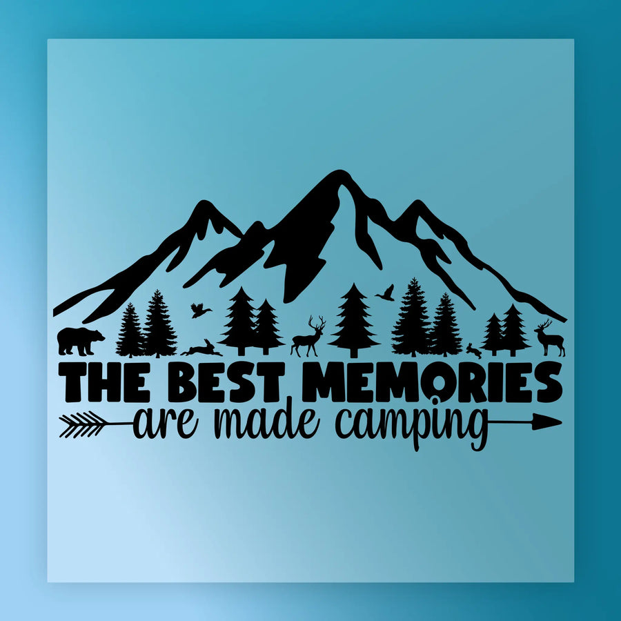 The Best Memories Camping Adventure by InkMerge features mountain, tree, and wildlife silhouettes with the phrase "The best memories are made camping adventure" on blue. Includes a right-pointing arrow. Great for heat press or DTF transfer applications.