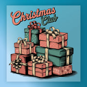 A stack of red and green gift boxes with bows on a blue background features "Christmas Club" in festive script. The InkMerge Christmas Club Festive Design is perfect for vibrant DTF transfers or premium DTF films.