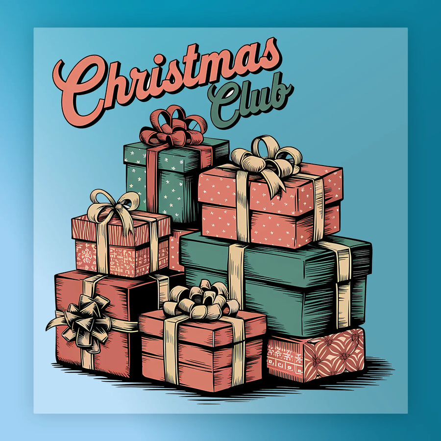 A stack of red and green gift boxes with bows on a blue background features "Christmas Club" in festive script. The InkMerge Christmas Club Festive Design is perfect for vibrant DTF transfers or premium DTF films.