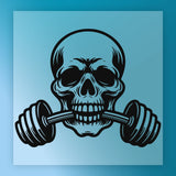 A stylized illustration of a skull with a barbell on its teeth, representing a symbol of strength and fitness.