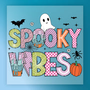 The image is a colorful and whimsical illustration featuring the text "SPOOKY VIBES" surrounded by various Halloween-themed elements such as a ghost, bats, a spider, a pumpkin, and a spider.