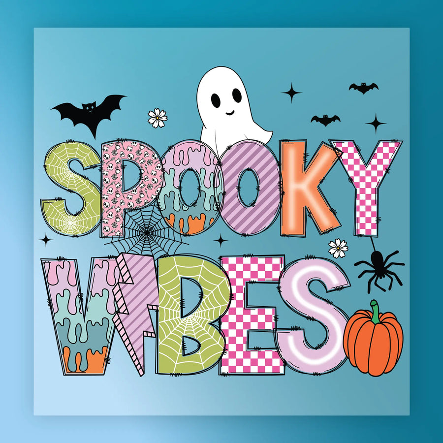 The image is a colorful and whimsical illustration featuring the text "SPOOKY VIBES" surrounded by various Halloween-themed elements such as a ghost, bats, a spider, a pumpkin, and a spider.