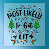 InkMerge’s “Most Likely To Get Lit” features Christmas lights, trees, and holly with playful black text on a blue background—ideal for custom apparel or DTF transfers.