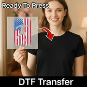 A woman holding a clear sheet with an American flag design and a red arrow pointing to it, along with the text "Ready To Press" and "DTF Transfer" below.
