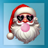 The InkMerge Funny Santa Bubblegum Design features Santa in a red hat with heart sunglasses, blowing pink bubblegum on a light blue background—perfect for your holiday DTF heat press transfer projects.