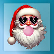 The InkMerge Funny Santa Bubblegum Design features Santa in a red hat with heart sunglasses, blowing pink bubblegum on a light blue background—perfect for your holiday DTF heat press transfer projects.