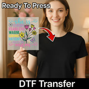 A woman holding a colorful card with flowers and butterflies, and there is a red arrow pointing to her chest, suggesting a digital transfer or editing process.