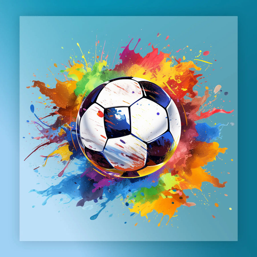 A vibrant and colorful soccer ball surrounded by splashes of paint in various bright colors, creating a dynamic and energetic visual effect.