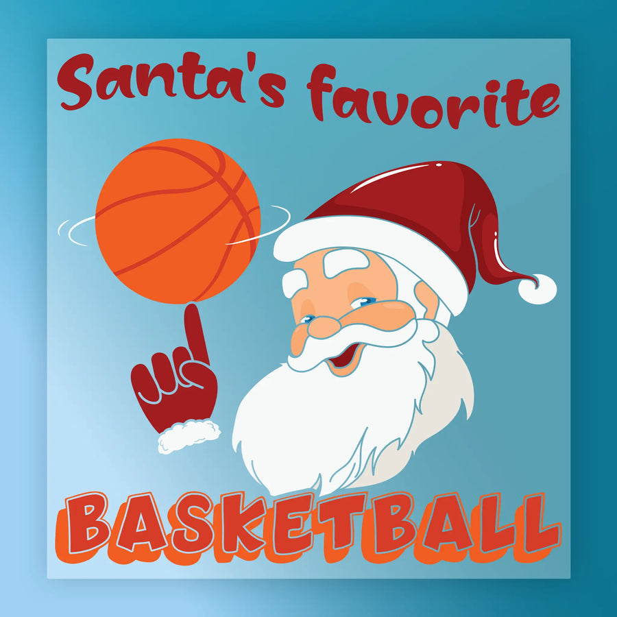 InkMerge's Santa's Favorite Basketball features a smiling Santa spinning a basketball, with “Santa’s Favorite BASKETBALL” in bold red and orange on blue—ideal for festive shirts or custom DTF transfers.