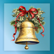 The Golden Bell with Holly Design by InkMerge features a gold bell, red ribbon, holly, pine branches, and berries on a light blue background—perfect for screen printing alternatives or custom apparel projects.