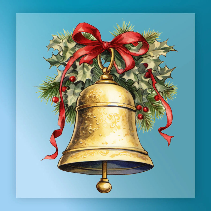 The Golden Bell with Holly Design by InkMerge features a gold bell, red ribbon, holly, pine branches, and berries on a light blue background—perfect for screen printing alternatives or custom apparel projects.