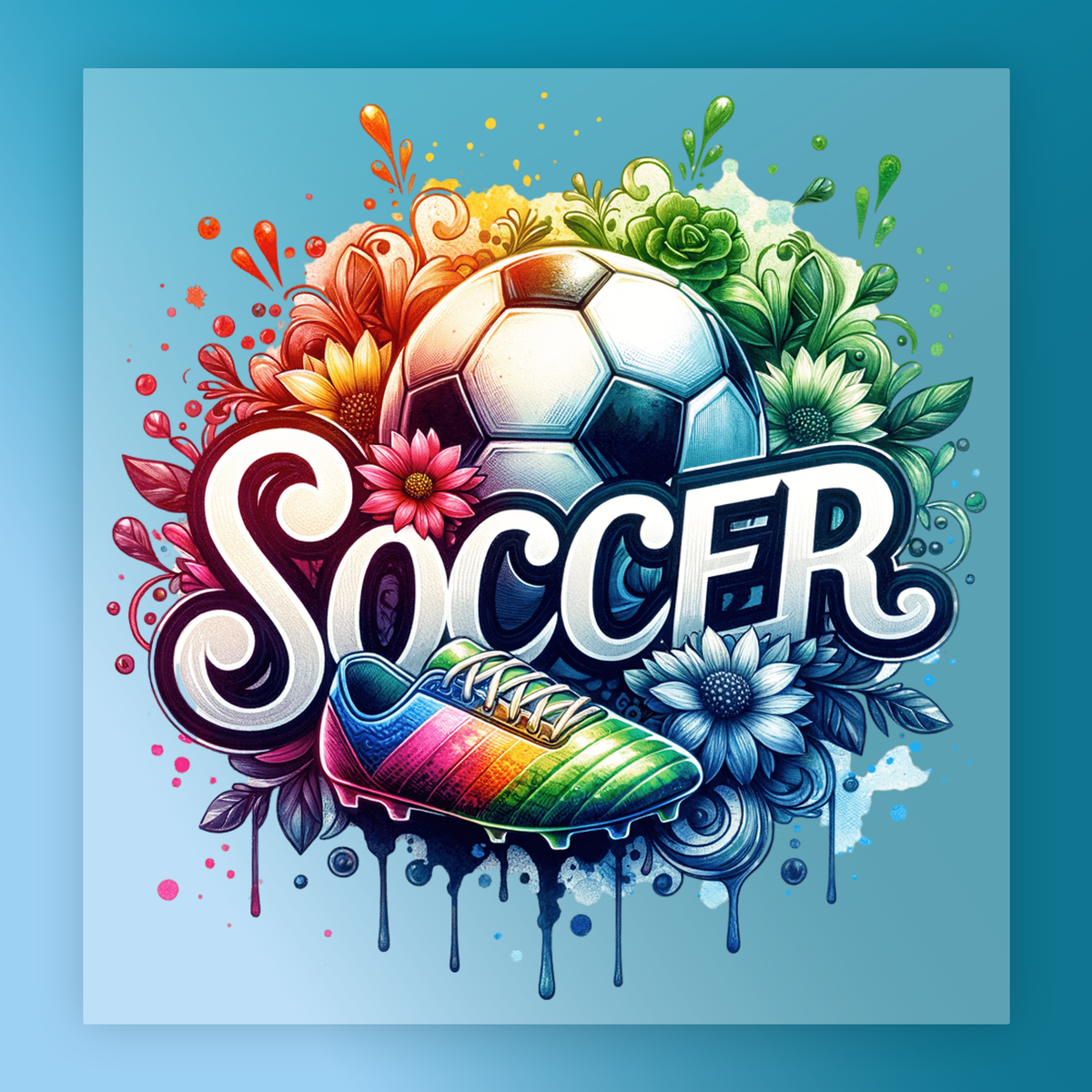 The image is a vibrant and colorful illustration featuring a soccer ball surrounded by various flowers, leaves, and a rainbow-colored cleat.