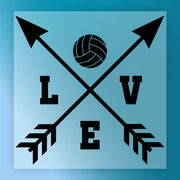a volleyball and two crossed arrows, with the word "LOVE" written below them.