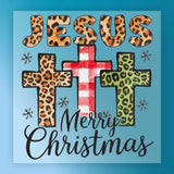 InkMerge’s Jesus Merry Christmas Leopard Plaid Cross design features JESUS in leopard print, three unique crosses, snowflakes, and "Merry Christmas" script on a blue background—ideal for DTF or heat press transfers.