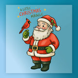 InkMerge’s A Little Christmas Miracle Santa & Cardinal design features Santa smiling with a red cardinal and festive text on blue—ideal as a holiday heat press transfer for your next seasonal project.