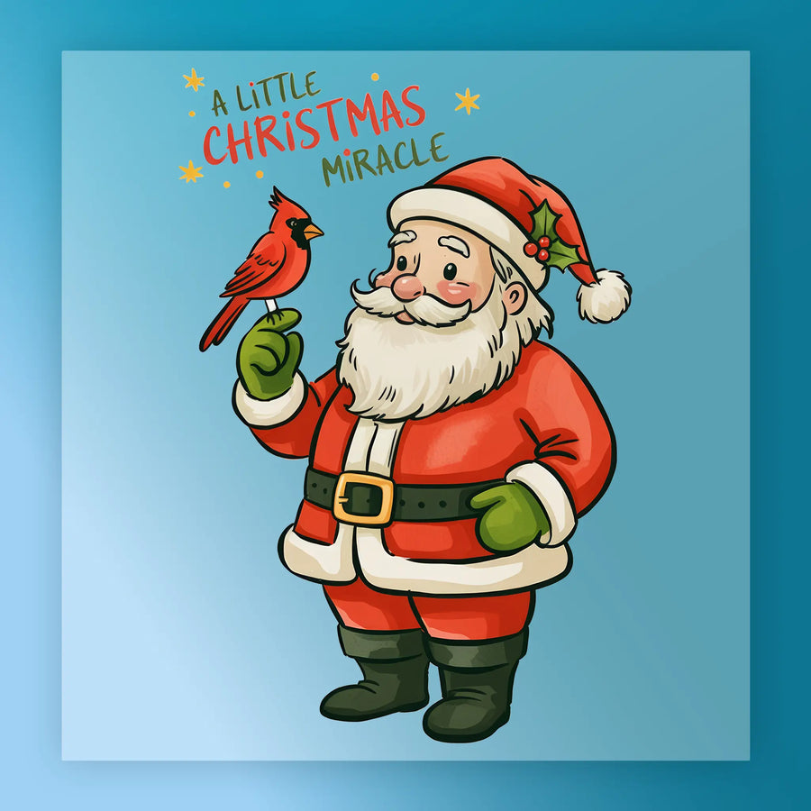 InkMerge’s A Little Christmas Miracle Santa & Cardinal design features Santa smiling with a red cardinal and festive text on blue—ideal as a holiday heat press transfer for your next seasonal project.