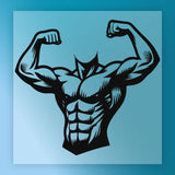 A muscular, black and white illustration of a muscular torso with flexed arms.